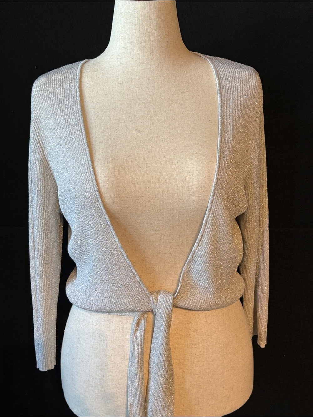 august silk Silver Subtle Shimmer Open Front Tie Cardigan